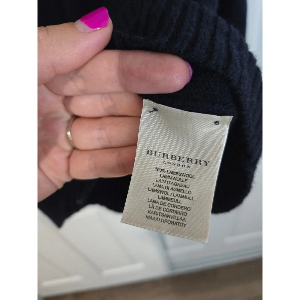 Burberry London Mens XL Full Zip Mock Neck Sweater Navy Blue 100% merino Wool